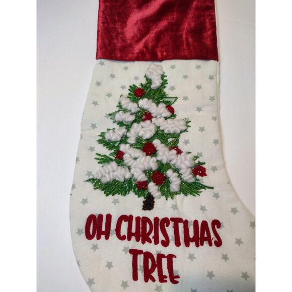Merry Bright Embroidered Christmas Tree Stocking Velour Holiday Glitter Star NEW - Picture 2 of 5